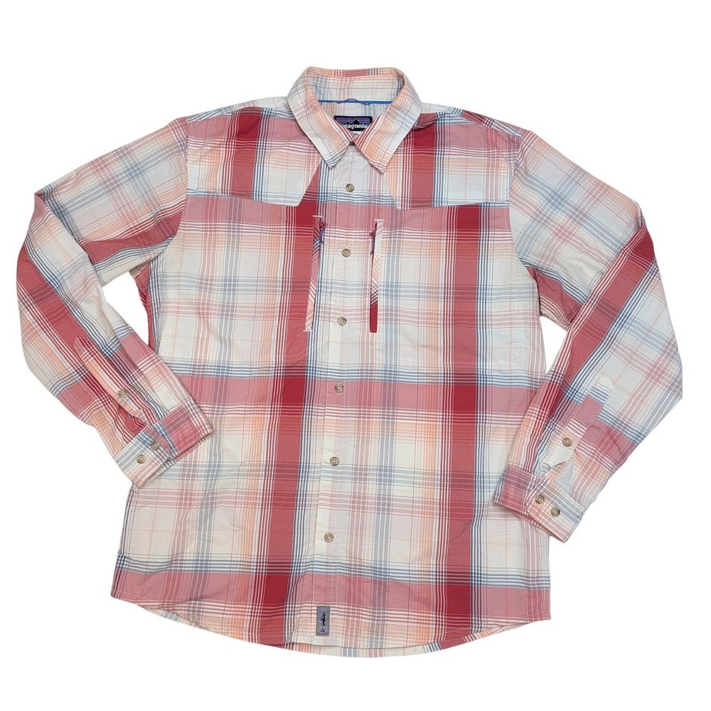 Patagonia Fishing Shirt Mens M Red Plaid Long Sleeve Nylon Blend Zip Pockets